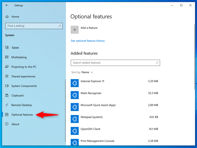 Select Optional features in the left sidebar
