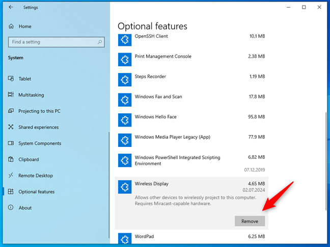 Remove an optional feature from Windows 10