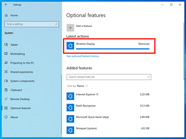 An optional feature is removed from Windows 10