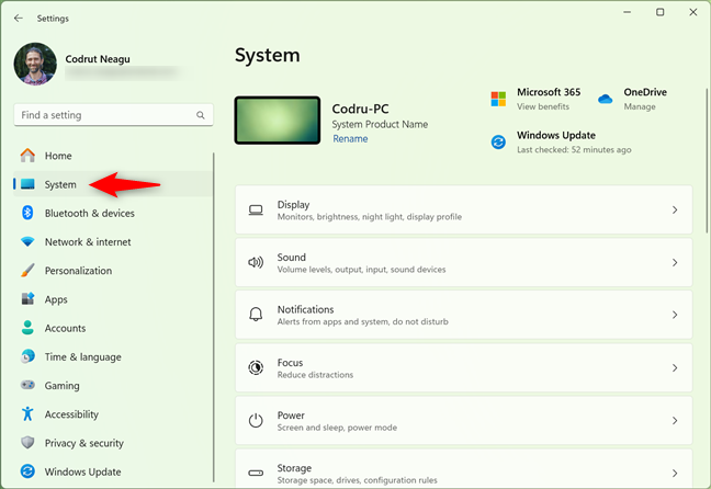 System in Windows 11's Settings