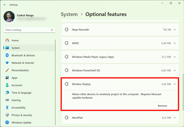 Expanding an optional feature's entry