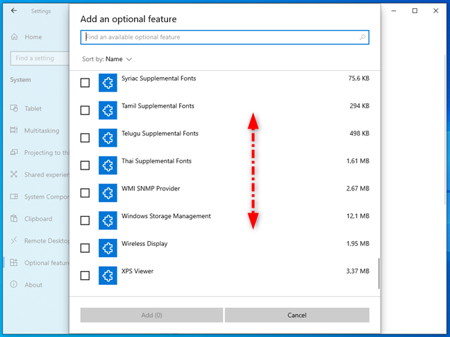 Scroll the list of optional features