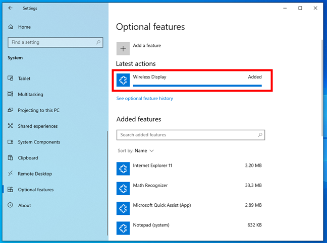 The optional feature was added to Windows 10