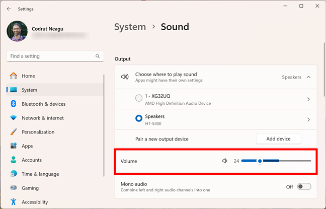 The volume control slider inside the Windows 11 Settings