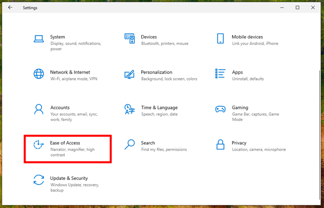 Go to Ease of Access in the Windows 10 Settings