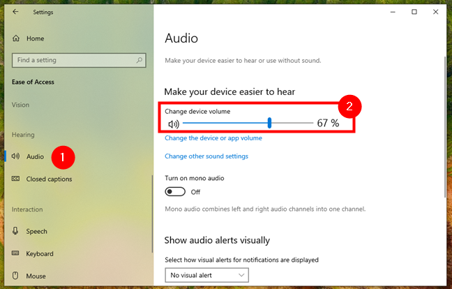 Use the Change device volume slider to control the sound in Windows 10