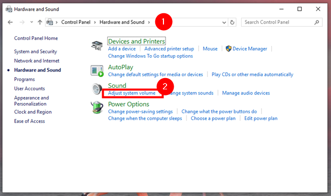 Click on Adjust system volume in the Control Panel's Hardware and Sound tab