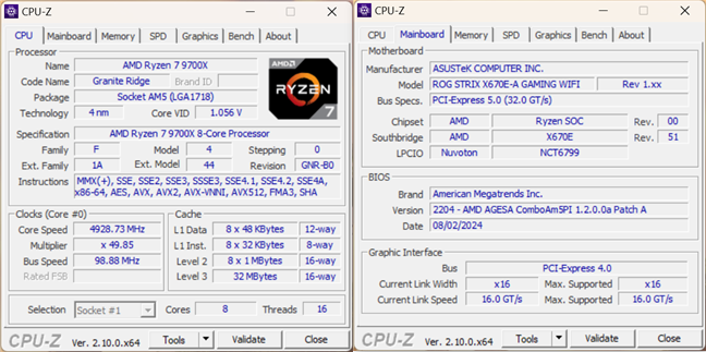 AMD Ryzen 7 9700X specs in CPU-Z