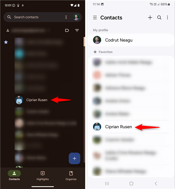 Tap a contact to access its list of options and settings