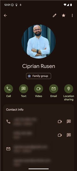 A contact's details screen