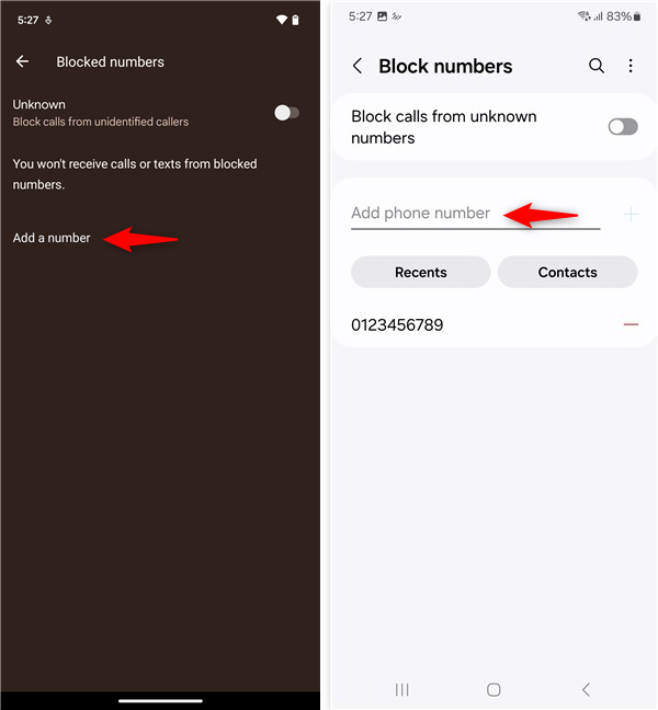 Specify the phone number to block in Android