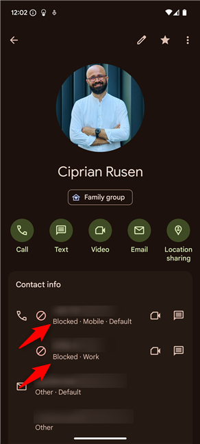 A contact's phone numbers have been blocked in Android