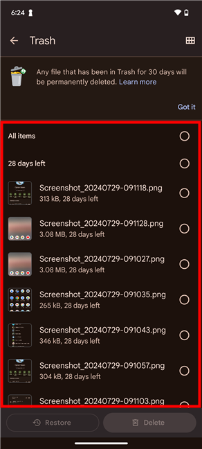 Trash is like a Recycle Bin in Files on Android