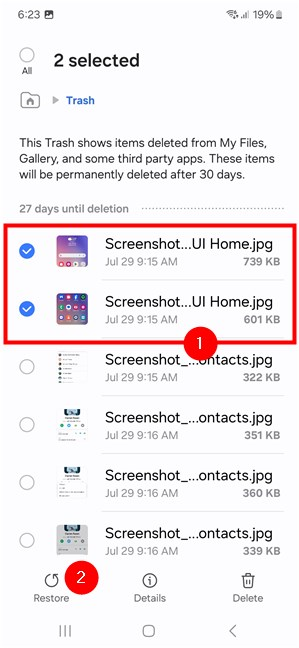 Select the files and tap Restore