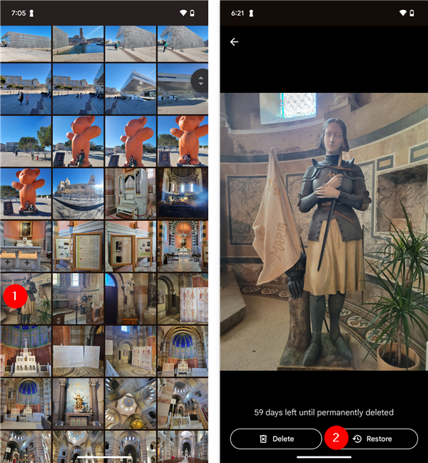 Tap a photo and choose Restore to recover it