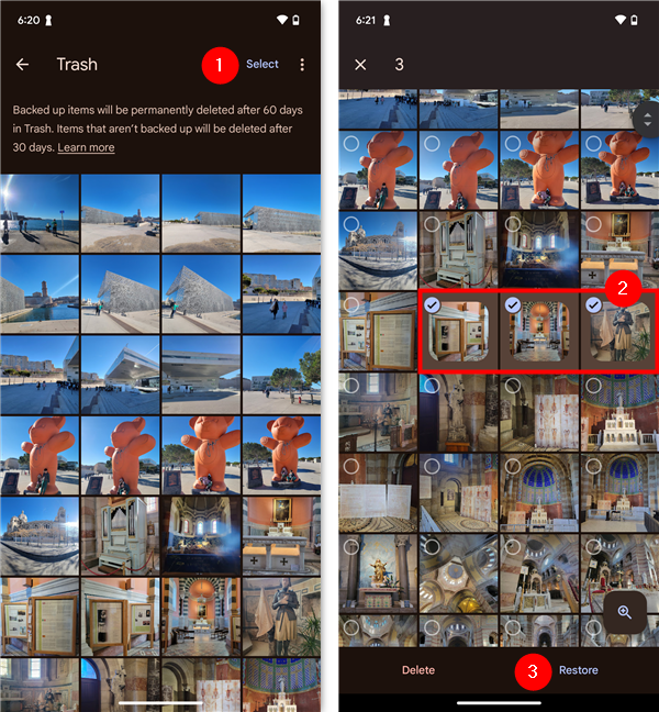 Select multiple photos and choose Restore to recover them all