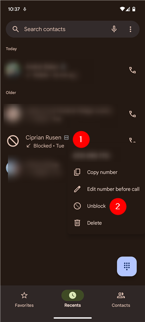 Touch and hold a contact, then tap Unblock