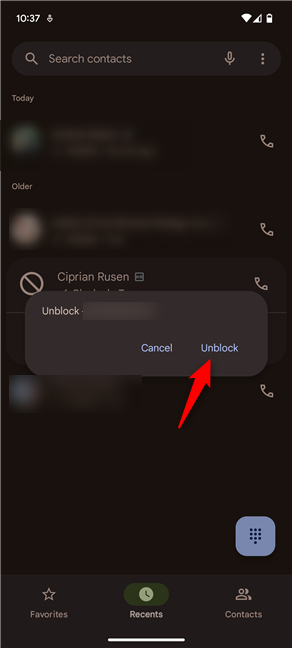 Confirm that you want to Unblock the contact