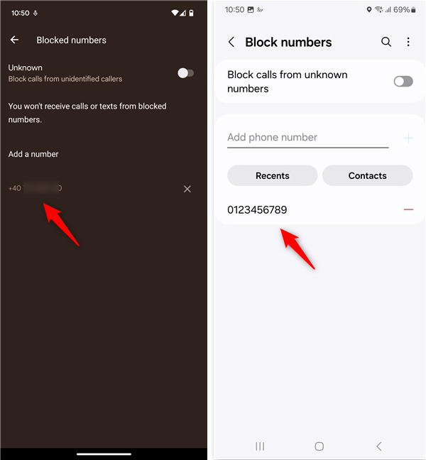 The list of blocked numbers on Android