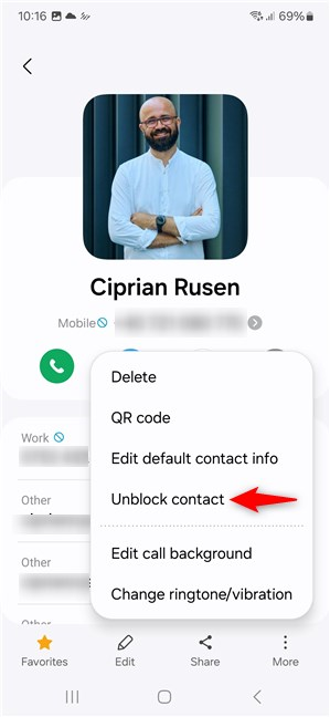 Tap Unblock contact