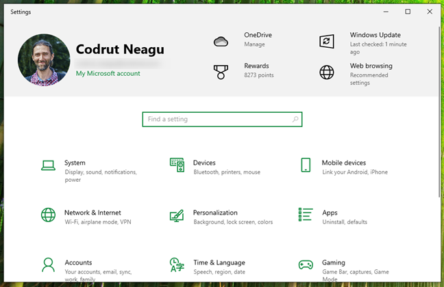 The Settings app in Windows 10