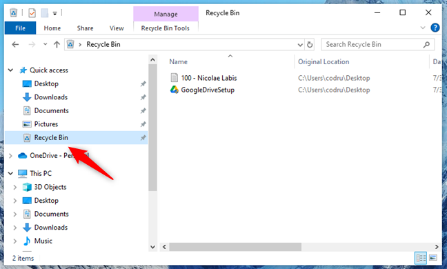 Recycle Bin added to the Quick access list in Windows 10