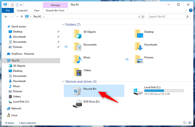 The Recycle Bin is shown like a drive in File Explorer's This PC on Windows 10