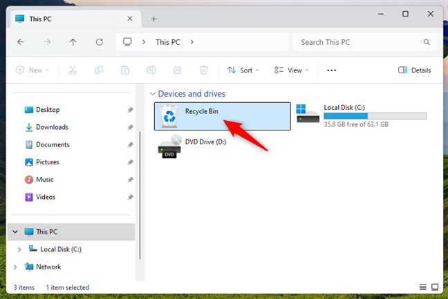 The Recycle Bin is shown like a drive in File Explorer's This PC on Windows 11
