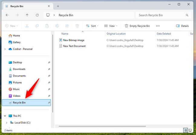 Recycle Bin added to the Quick access list in Windows 11