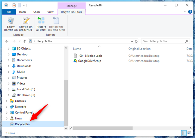 Recycle Bin in File Explorer's list of folders on Windows 10