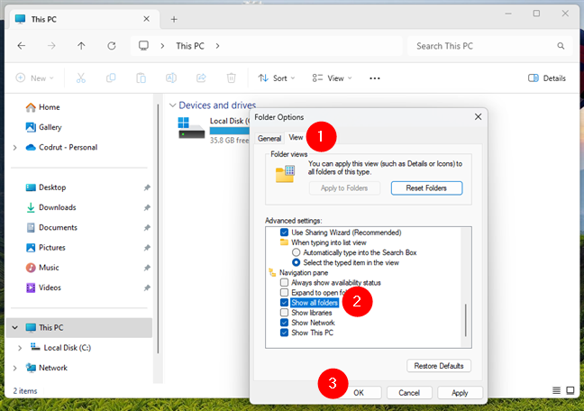Enable Show all folders in File Explorer's Options in Windows 11