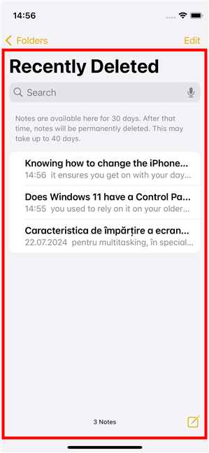 The list of notes that were Recently Deleted from your iPhone