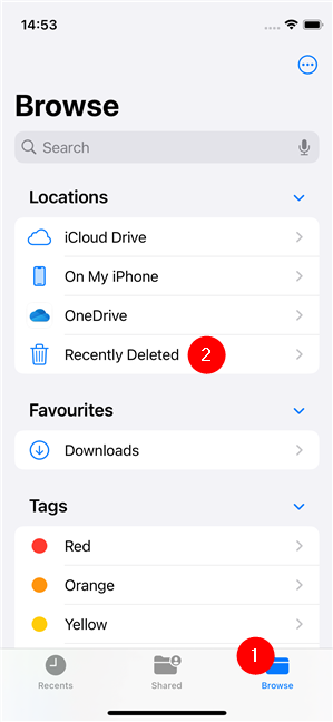 Tap Browse and access the Recently Deleted folder on an iPhone