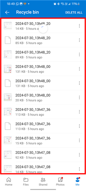 OneDrive's Recycle bin in Android