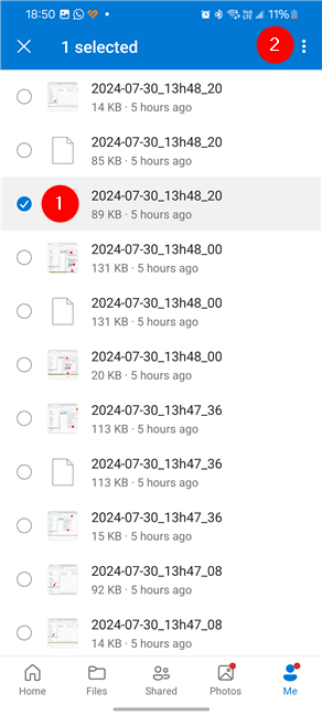 Select the file or files to restore from OneDrive