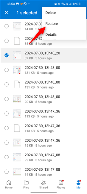 Restore deleted files from the OneDrive app for Android