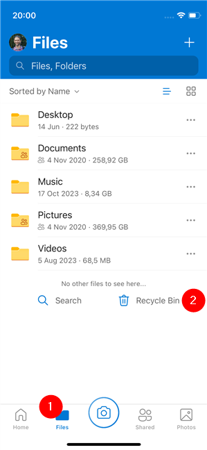 Where to find OneDrive's Recycle bin on an iPhone