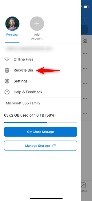 Tap Recycle Bin in the OneDrive app for iPhone