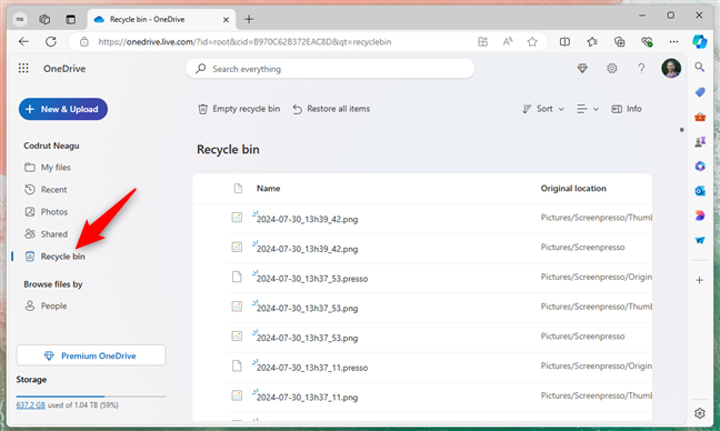 OneDrive's Recycle bin location