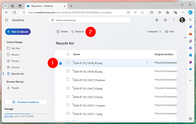 Restore deleted files from the OneDrive website