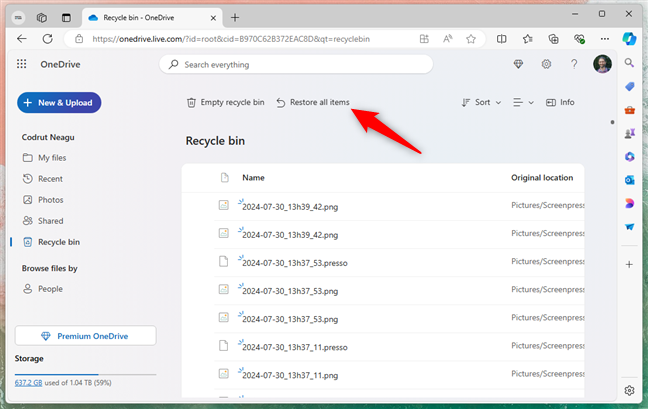 Restore all items from OneDriveâ€™s Recycle Bin