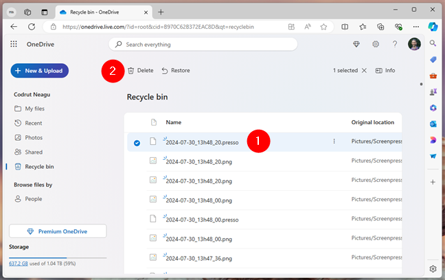 How to delete a file from OneDrive's Recycle bin