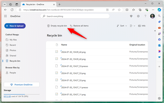 How to empty OneDrive's Recycle bin