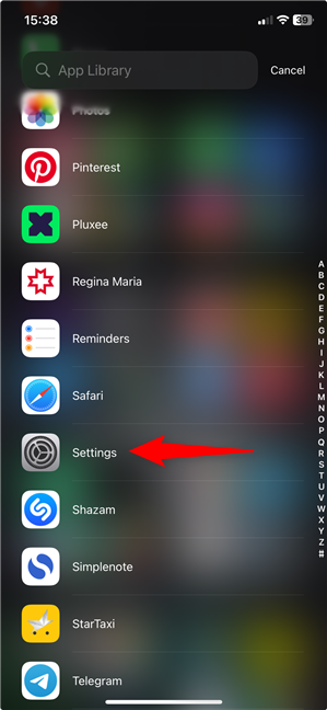 Find the iPhone Settings in App Library's alphabetical list of apps