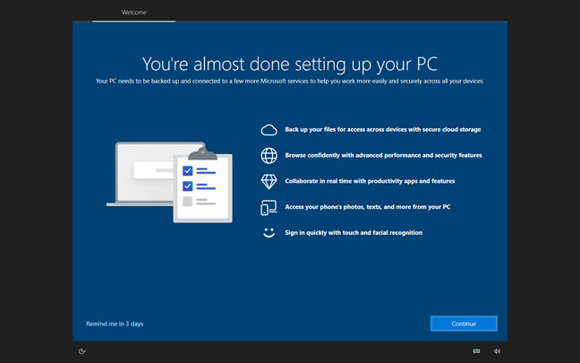 The Welcome dialog in Windows 10