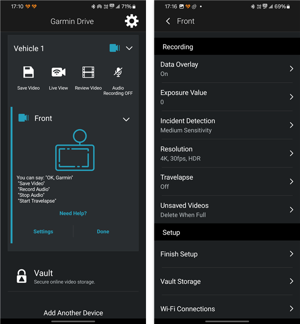 The Garmin Drive app dashboard and settings