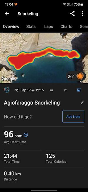 The stats shown for snorkeling activities