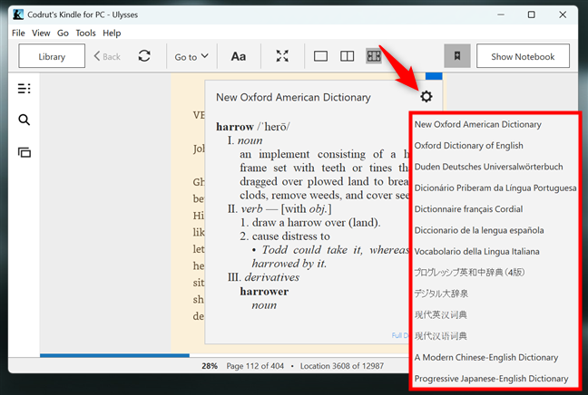 Switch to a different dictionary in the Kindle app for PC