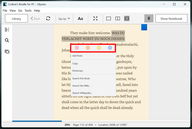 Highlight some text in a book with the Kindle app for PC