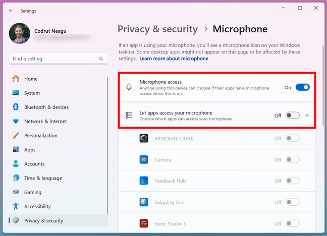 How to prevent microphone access only for your user account